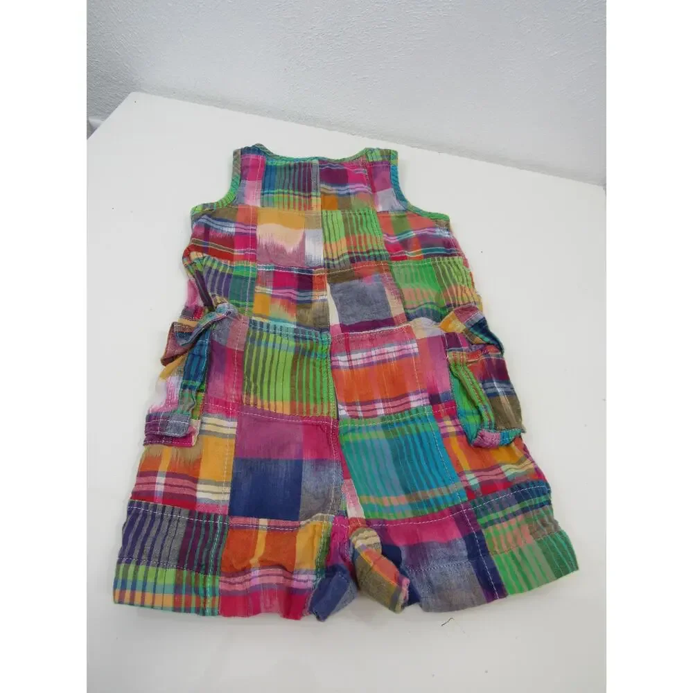 Ralph Lauren 9M Baby Boy Cotton Madras Overall Patchwork Unisex Bibs Rainbow